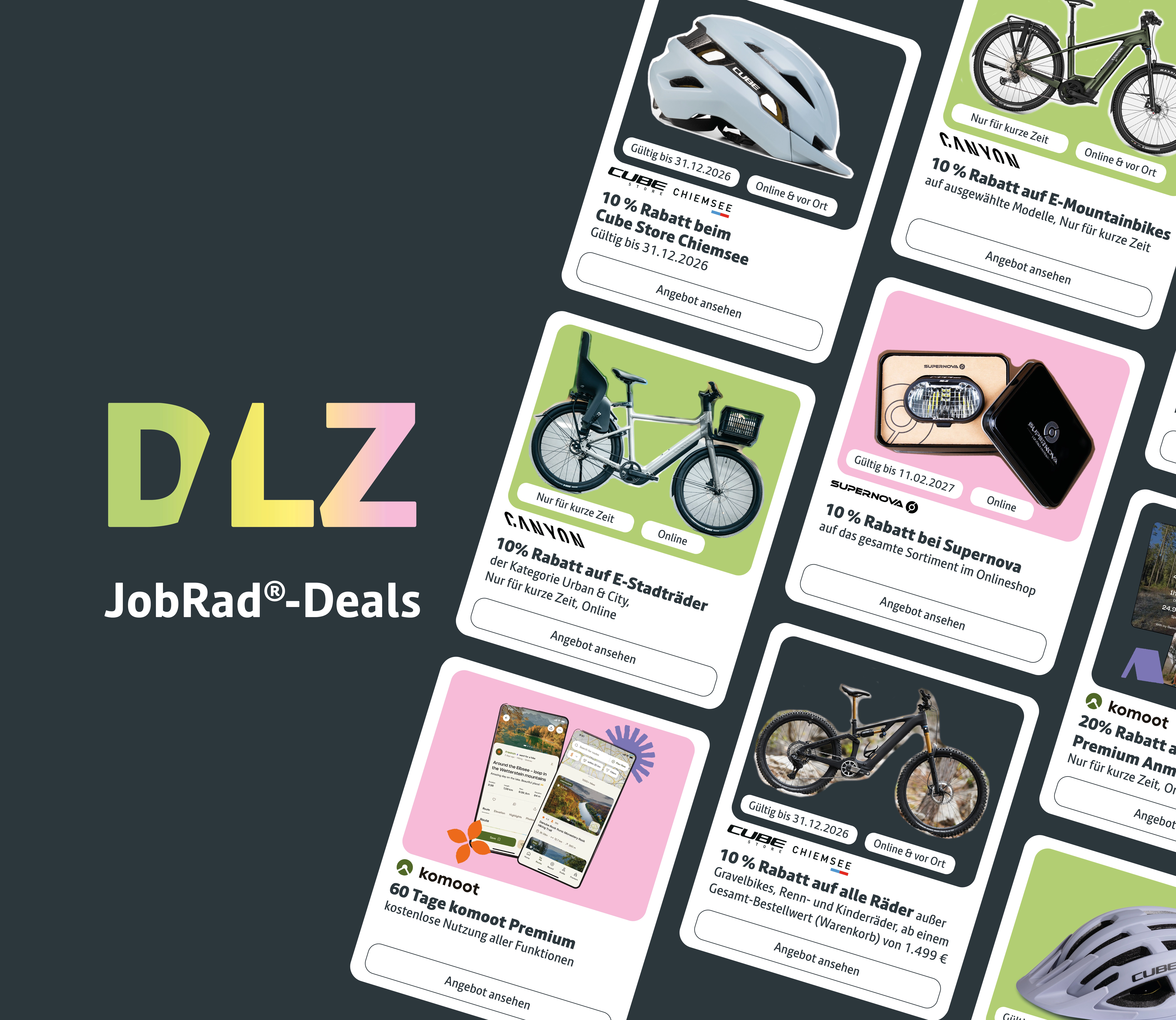 eine Frau deutet und blickt auf Labels mit der Beschriftung: JobRad Deals - Exklusive Angebote rund ums Bike - nur im JobRad-Portal